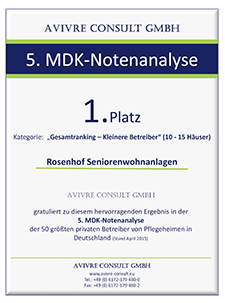 5. MDK-Notenanalyse - Platz 1 für Rosenhof Seniorenwohnanlage in der Kategorie kleine Anbieter