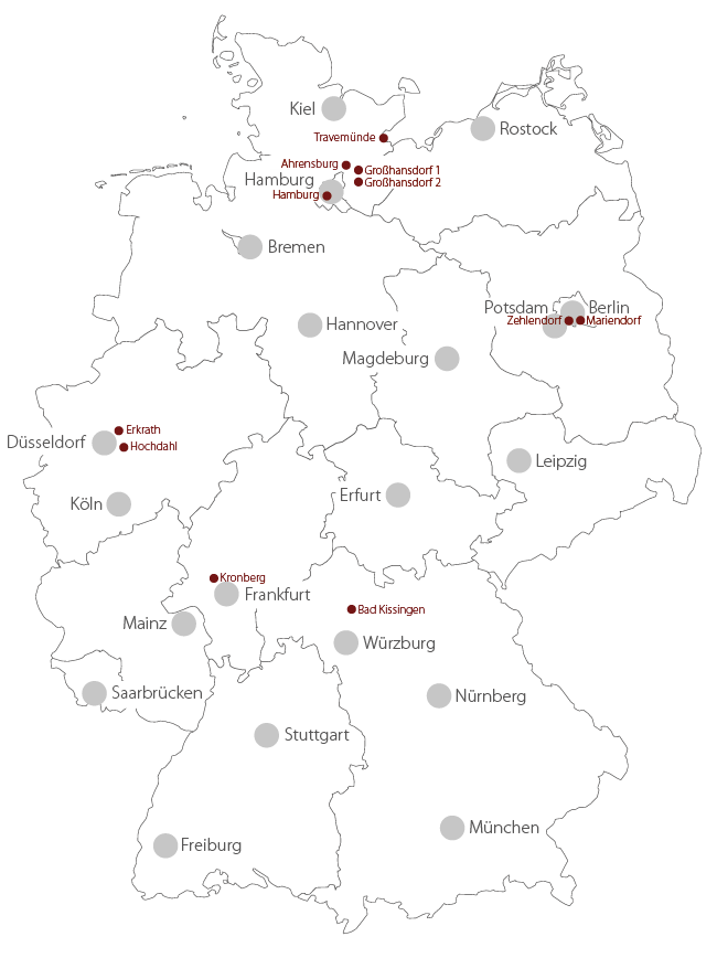 Karte von Deutschland, auf der die Standorte der Rosenhof Senioreneinrichtungen zeigt